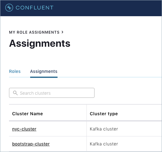 Confluent Platform Cluster Role Assignments page