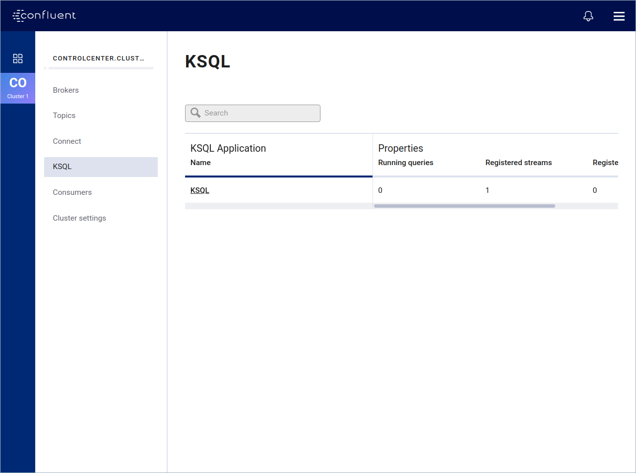 Screenshot of Confluent Control Center showing the KSQL application list