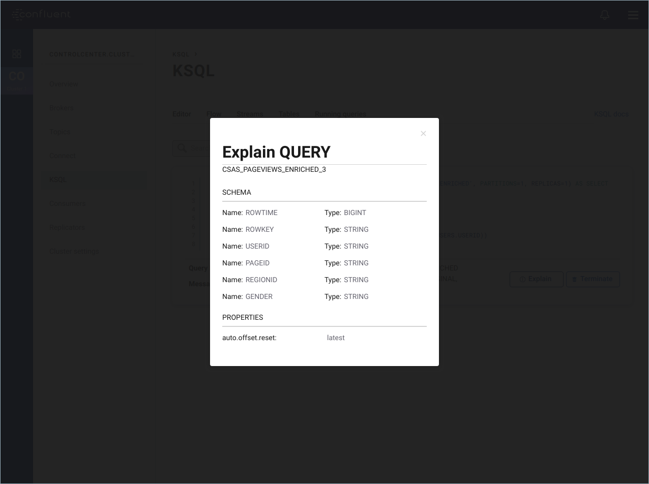 Screenshot of the KSQL Explain Query page in Confluent Control Center