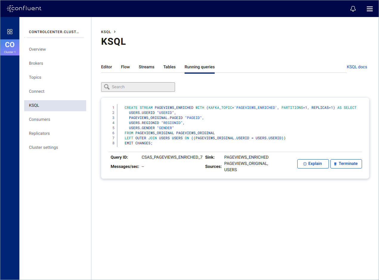 Screenshot of the KSQL Running Queries page in Confluent Control Center