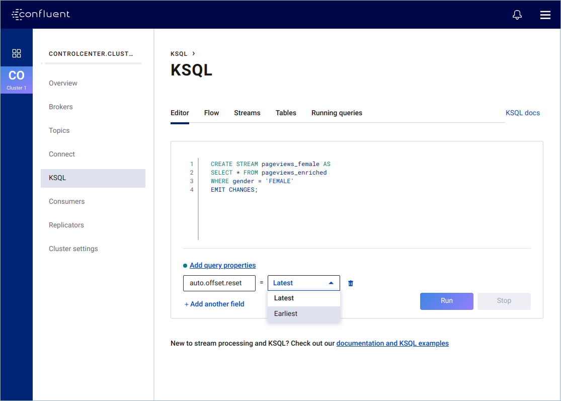 Screenshot showing how to set a query property in the KSQL Editor page
