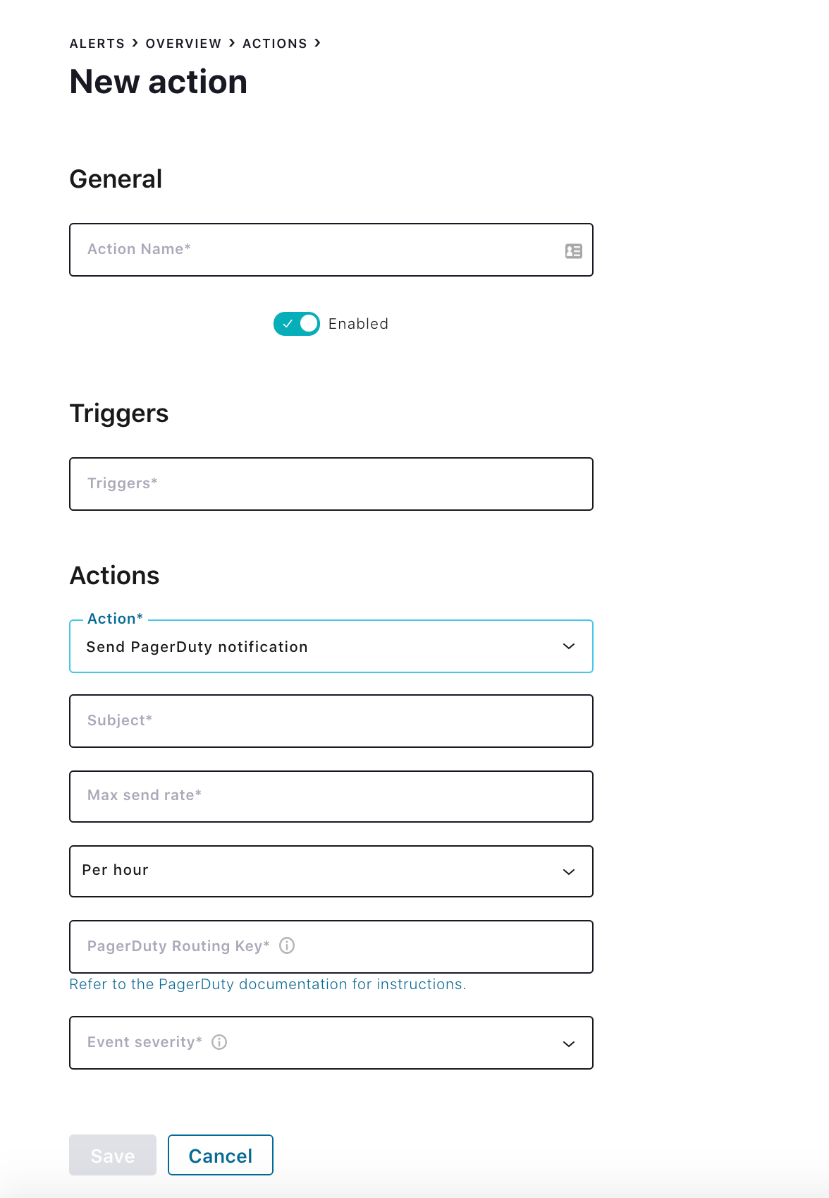 Action form for PagerDuty integration notification