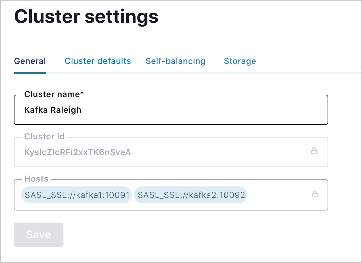Cluster settings Kafka tab
