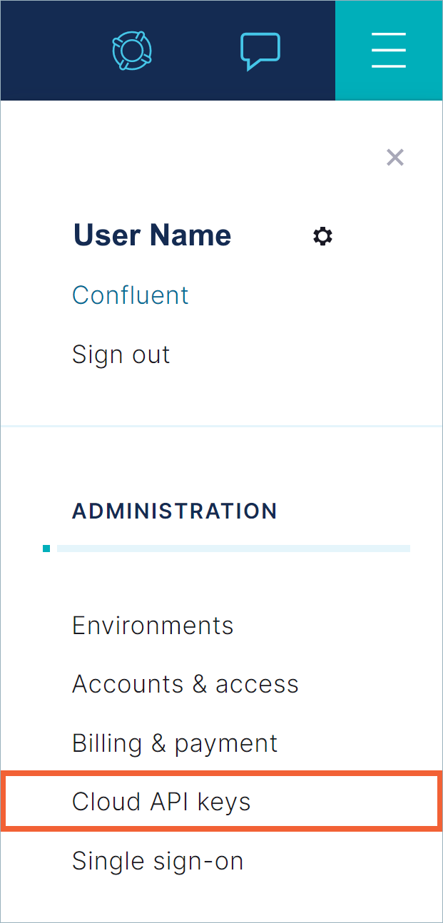 Confluent Cloud Administration menu showing the Cloud API keys option