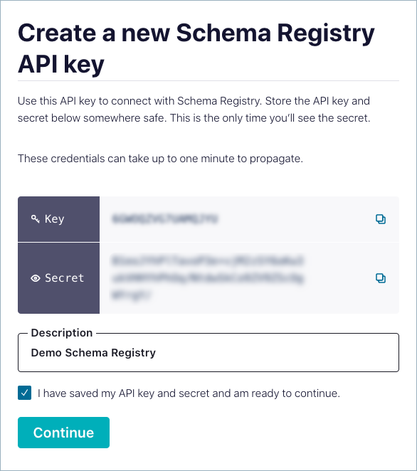 Screenshot of a new Schema Registry key and secret in Confluent Cloud