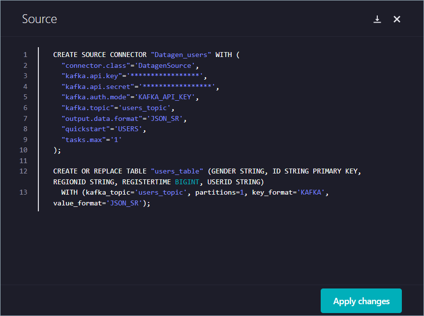 Stream Designer source code editor in Confluent Cloud Console