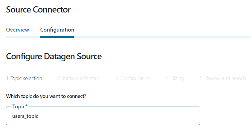 Stream Designer Datagen source connector configuration in Confluent Cloud Console