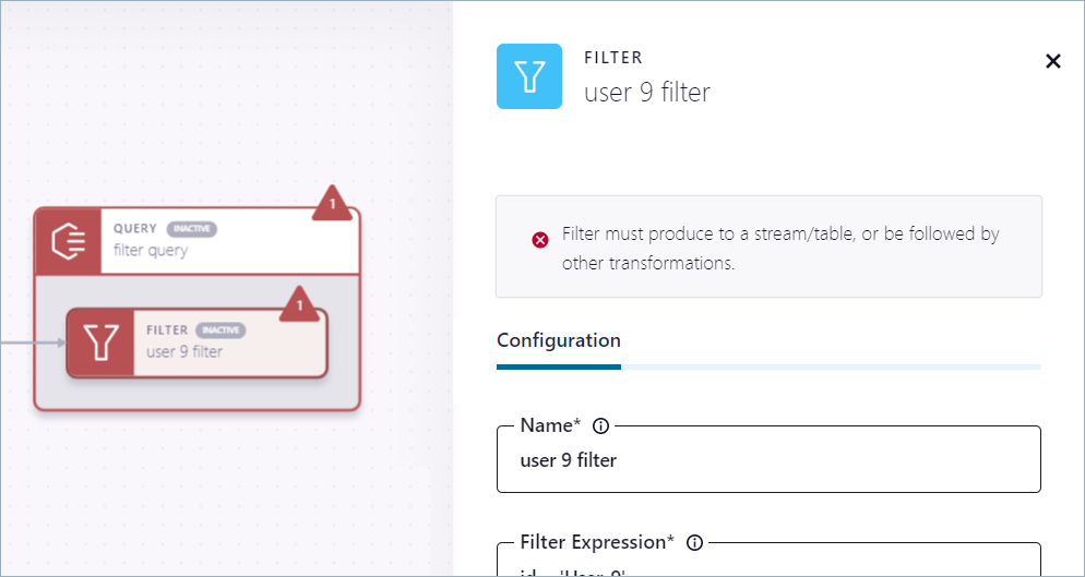 Stream Designer showing an error message for configuring a filter in Confluent Cloud Console