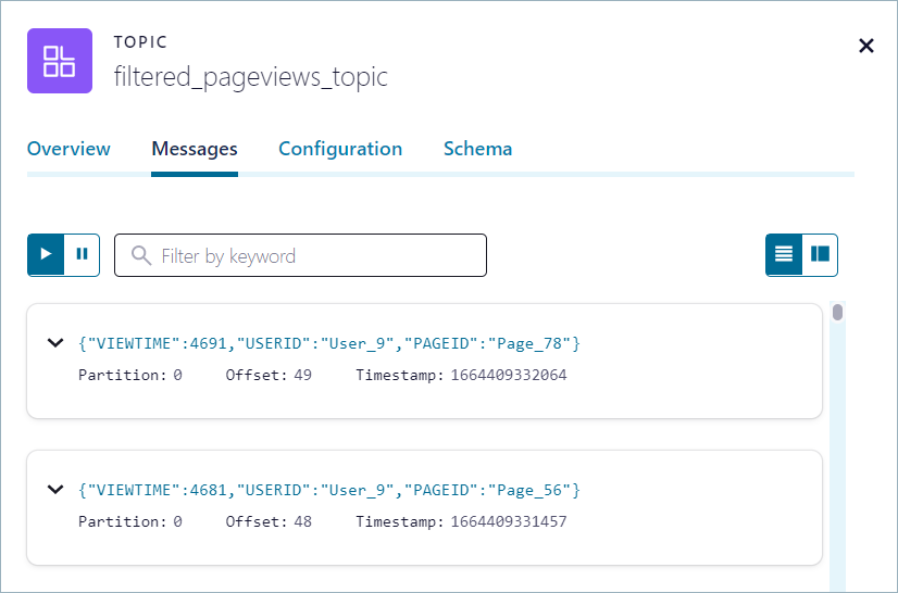 Stream Designer showing filtered messages flowing in Confluent Cloud Console