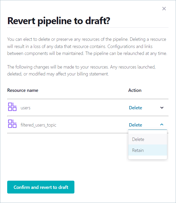 Stream Designer showing the Revert dialog in Confluent Cloud Console