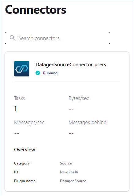 Screenshot of Confluent Cloud showing a running Datagen Source Connector