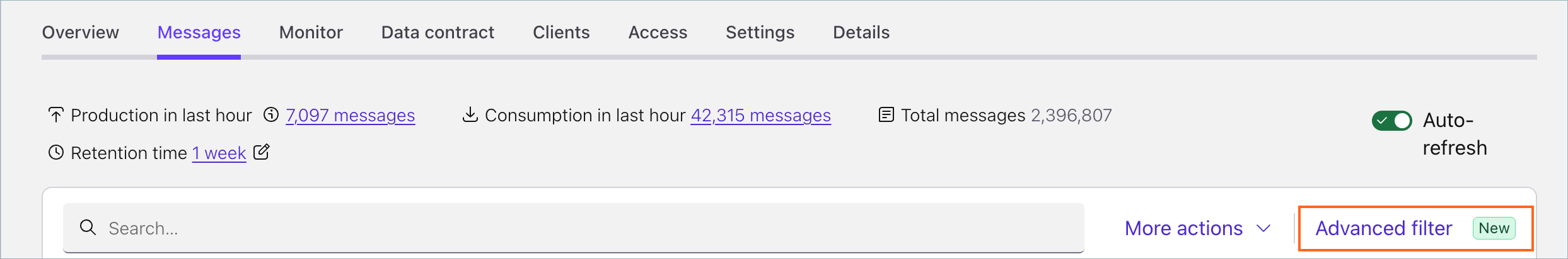 The Advanced filter button on the Messages tab of a Confluent Cloud topic.