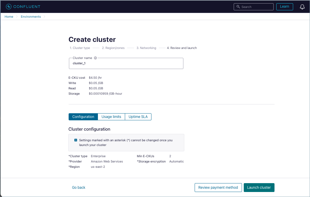 Create cluster workflow for Enterprise Kafka clusters.