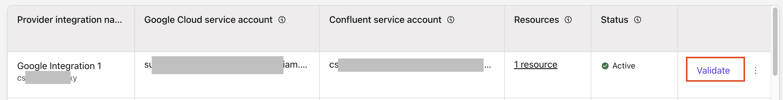 Validate option at the end of a Google Cloud provider integration row in the Confluent Cloud Console