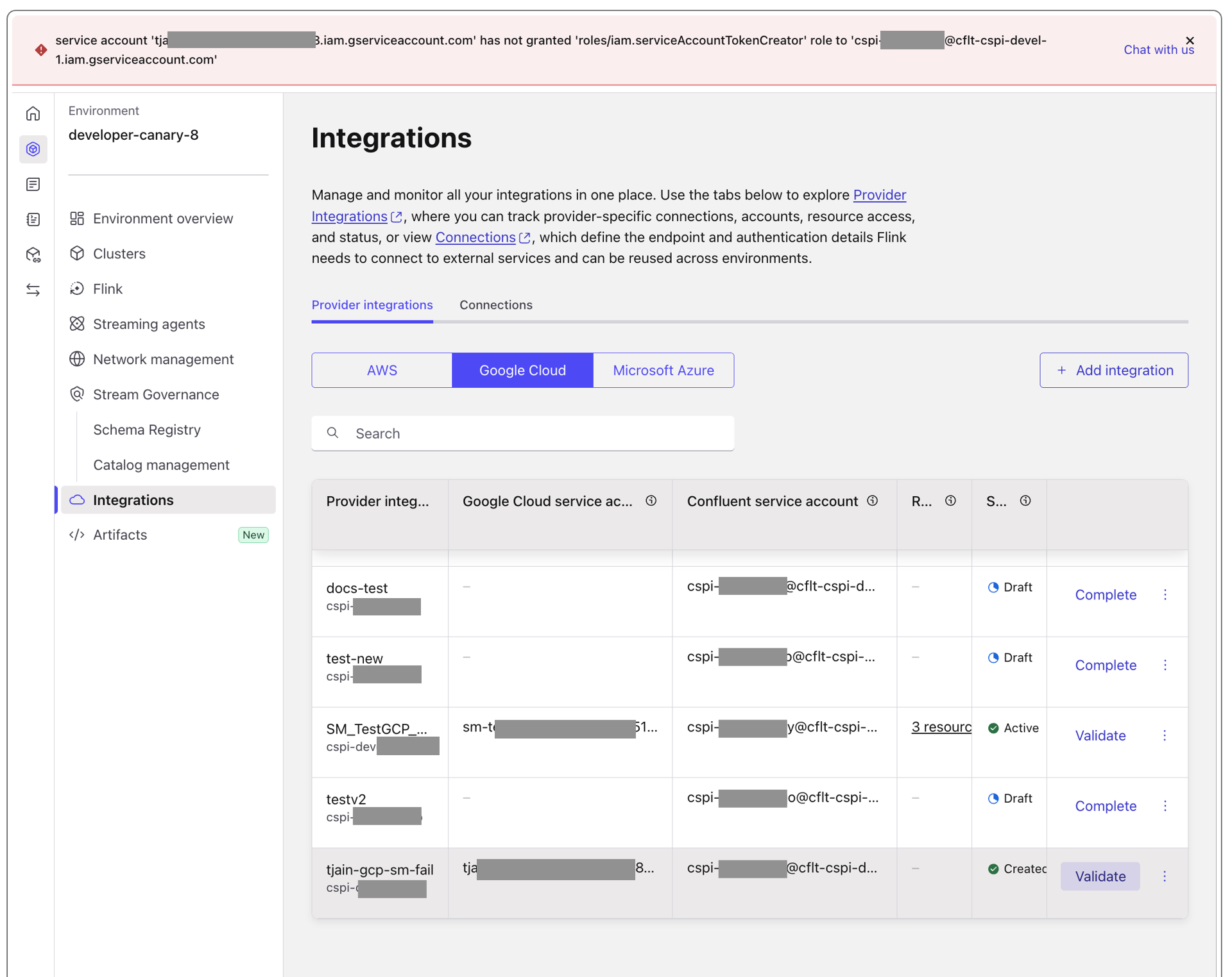 Provider integration validation error in Confluent Cloud reporting that the required Google Cloud IAM role has not yet propagated
