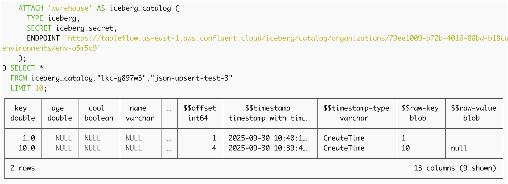 Tableflow query results with DuckDB