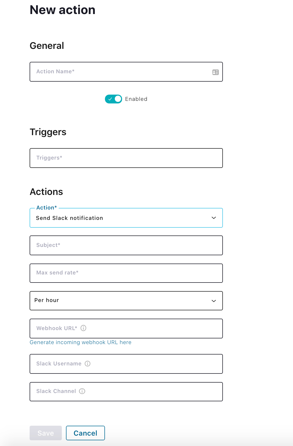 Action form for Slack webhook notification