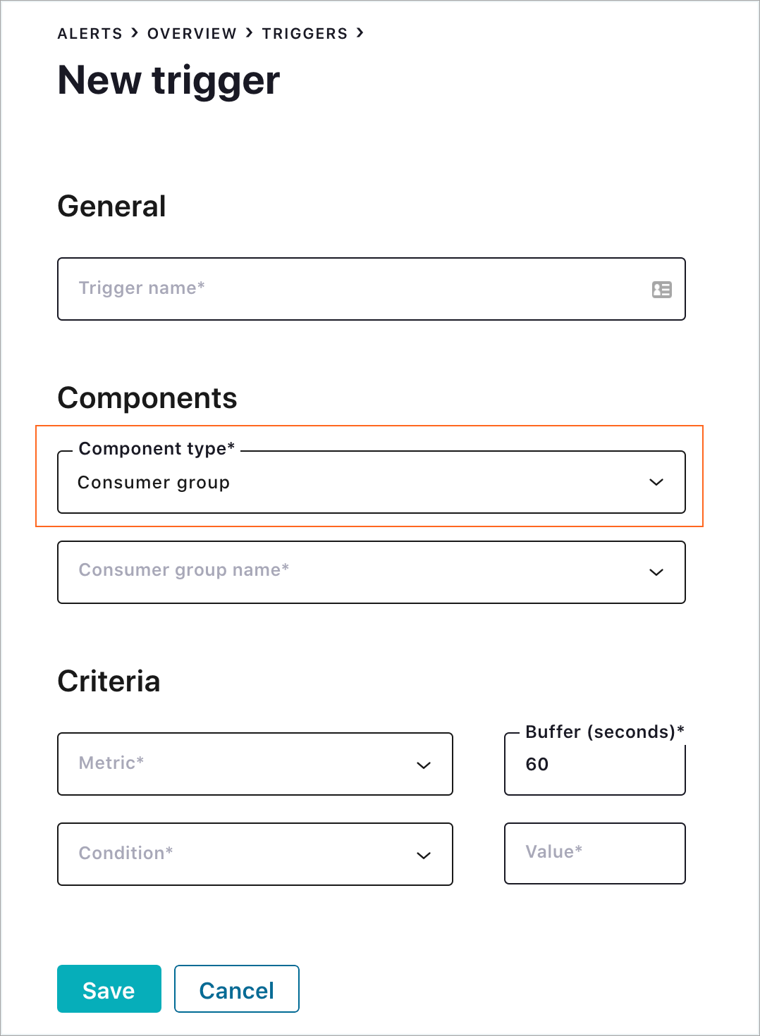 Consumer Group alert trigger form Control Center
