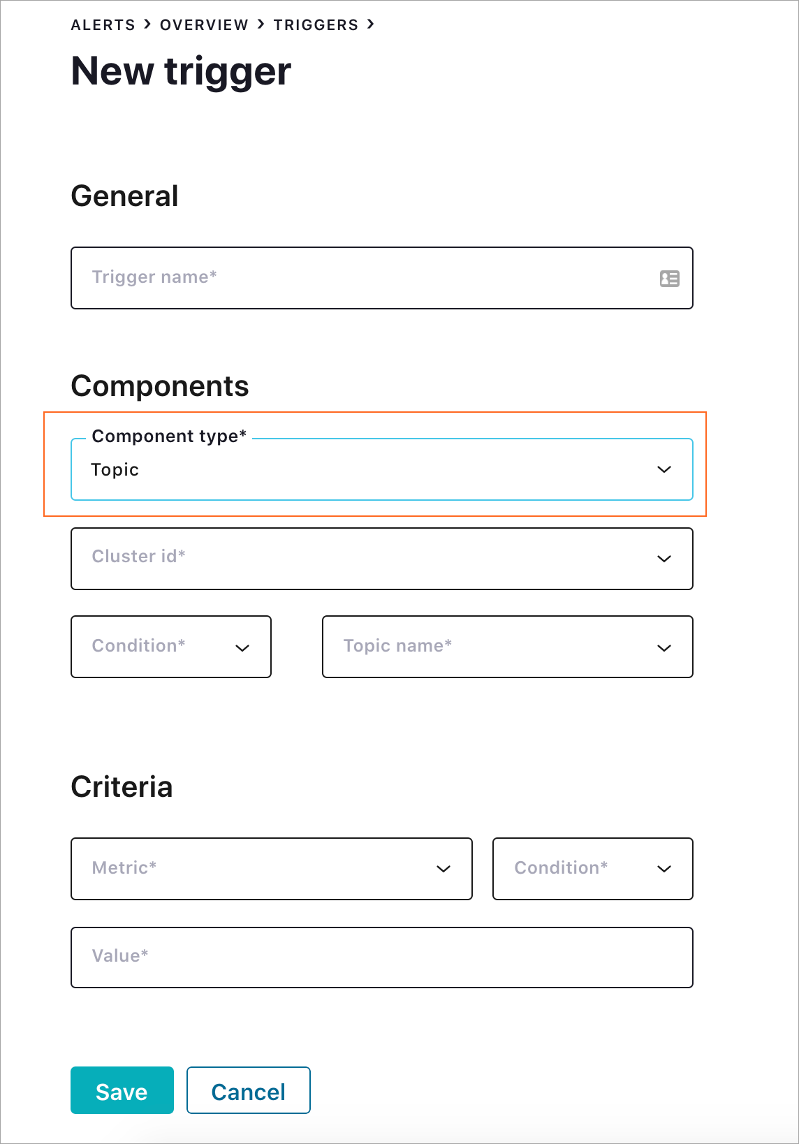 Topic alert trigger form Control Center