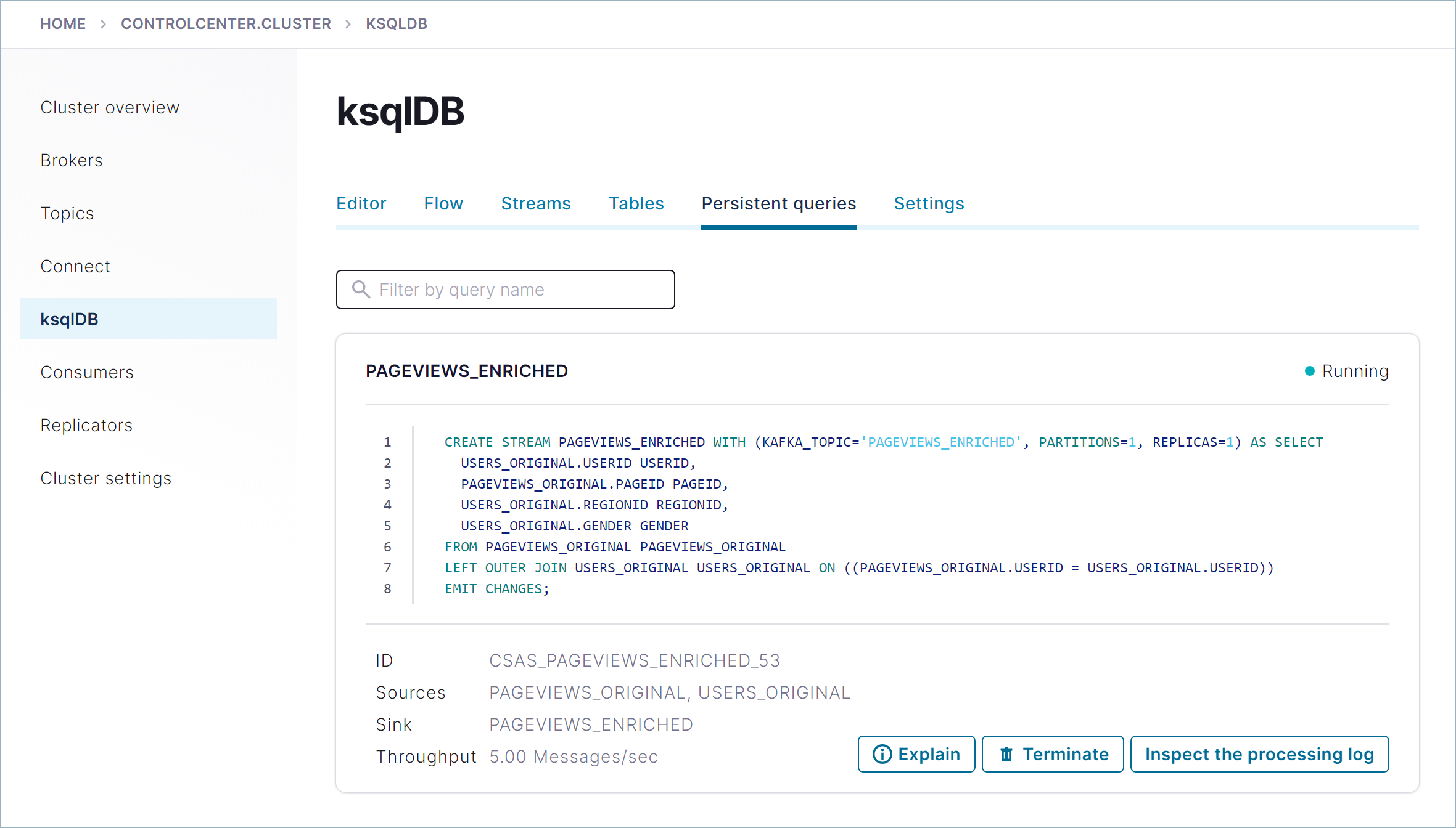 ksqlDB Persistent Queries page in Confluent Control Center