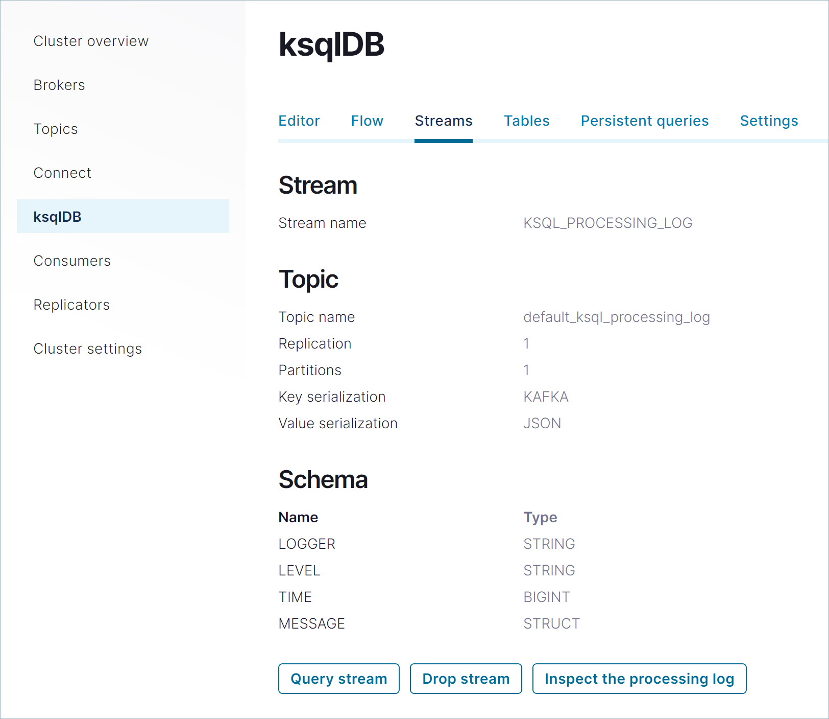 ksqlDB Inspect Stream page in Control Center