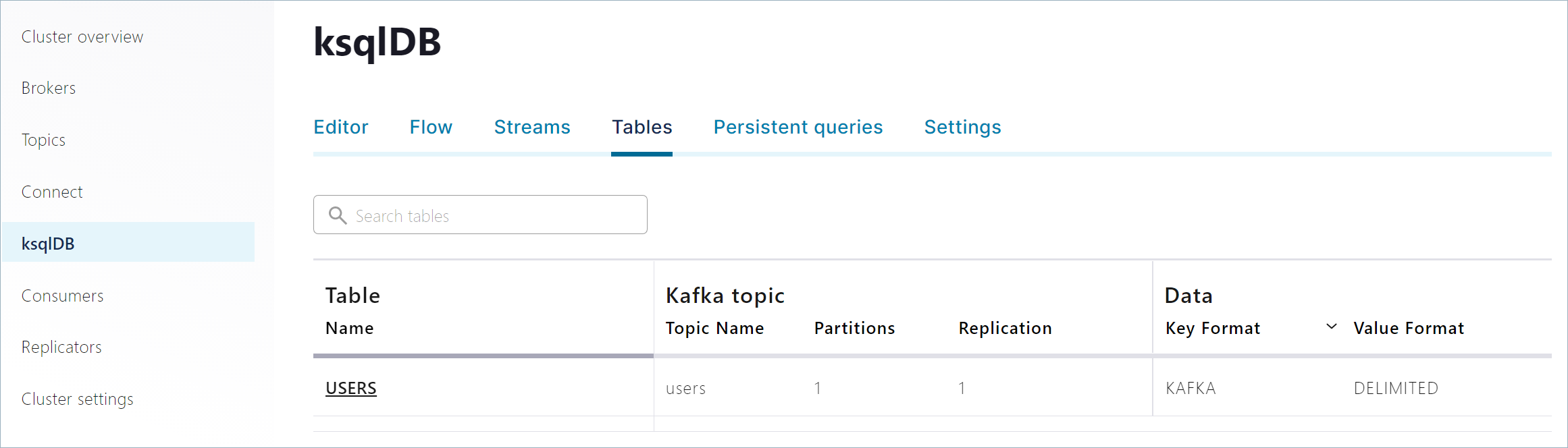 The ksqlDB Tables page in Confluent Control Center
