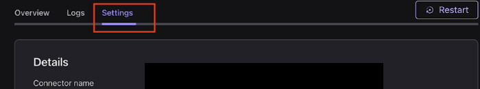 Connector Settings tab highlighted on the connector overview page