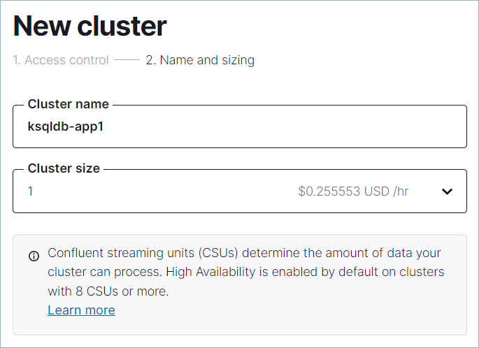 Screenshot of Confluent Cloud showing the ksqlDB Add Cluster wizard
