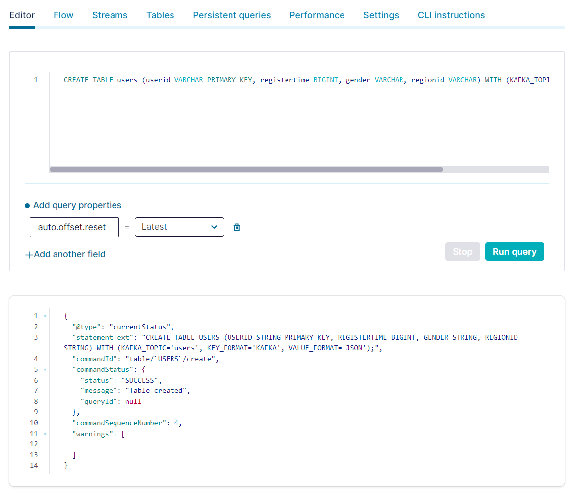 Screenshot of the ksqlDB CREATE TABLE statement in Confluent Cloud