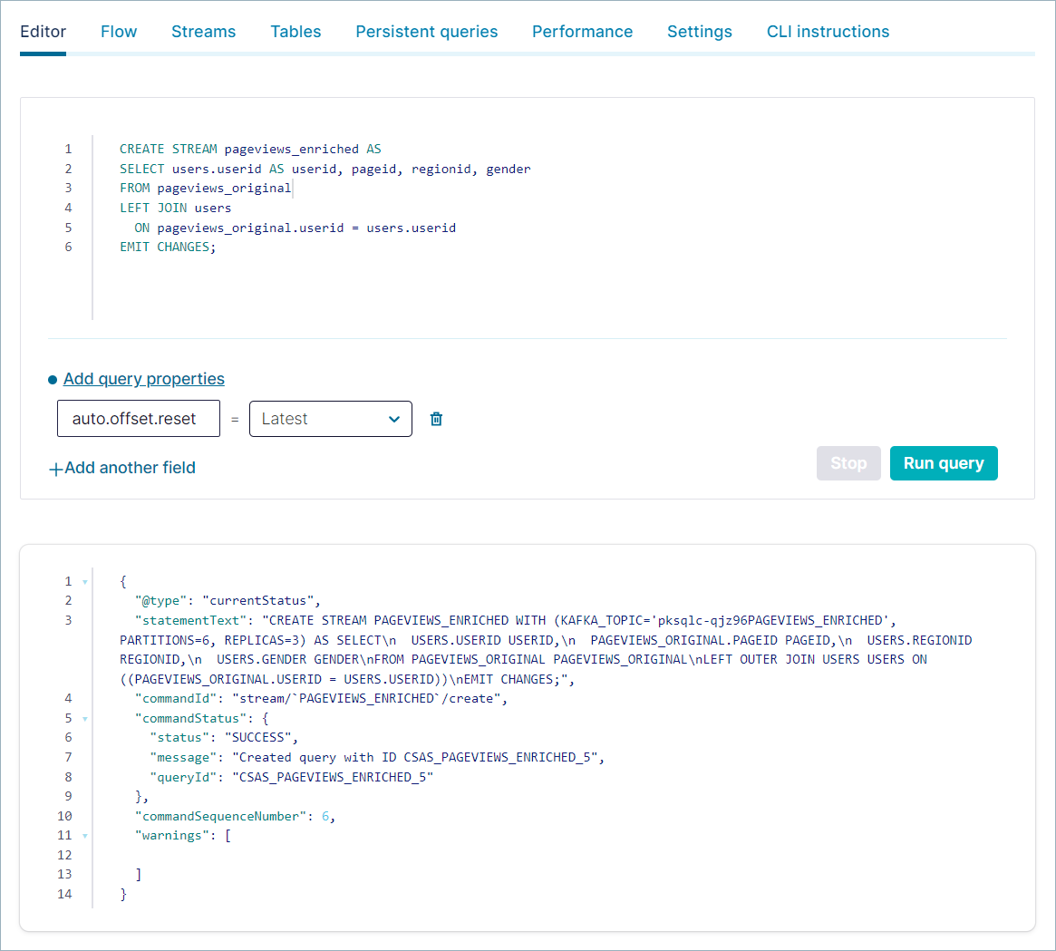 Screenshot of the ksqlDB CREATE STREAM AS SELECT statement in Confluent Cloud