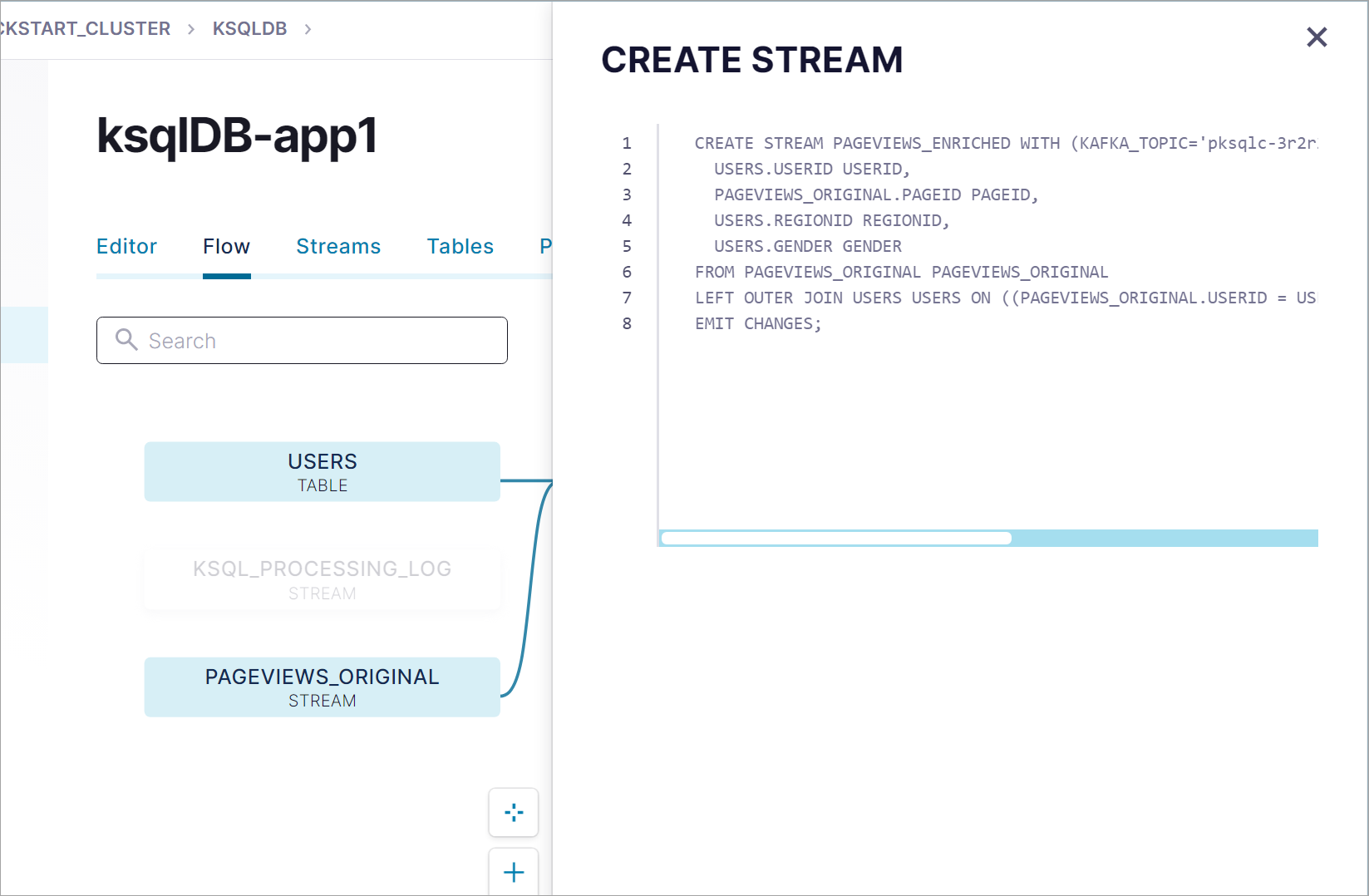 Details of a CREATE STREAM statement in the ksqlDB Flow View in Confluent Cloud