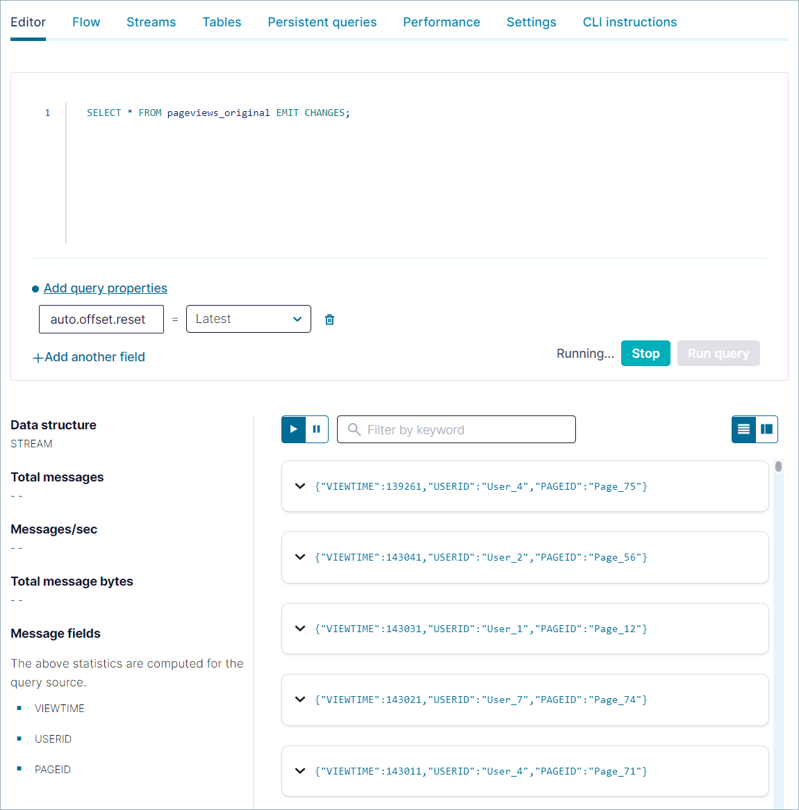 Screenshot of a ksqlDB SELECT query in Confluent Cloud