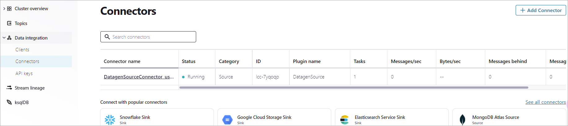 実行中の Datagen Source Connector を表示した Confluent Cloud のスクリーンショット
