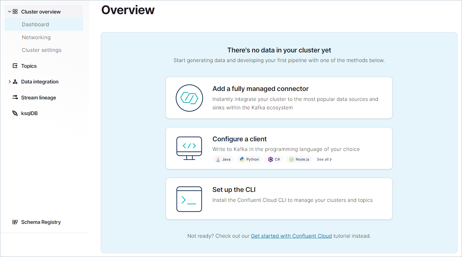 Cluster Overview ページが表示された Confluent Cloud のスクリーンショット