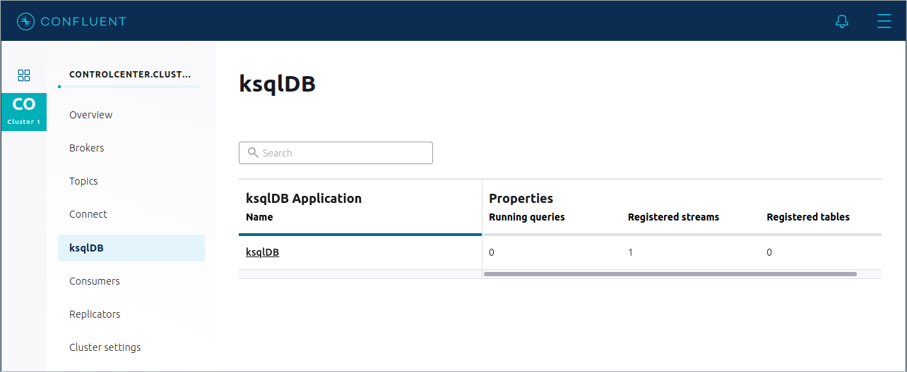 Confluent Control Center 内の ksqlDB アプリケーションのインデックスページ