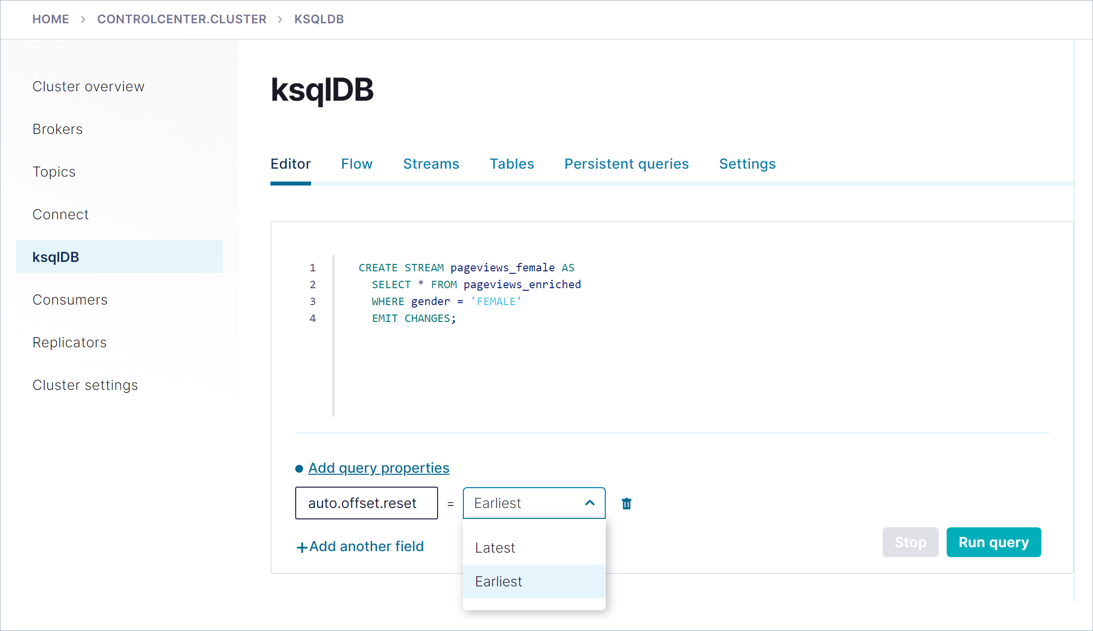 ksqlDB Editor ページでクエリプロパティを設定する方法を示すスクリーンショット