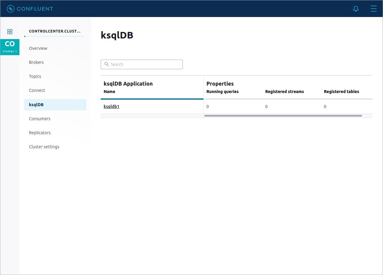 Screenshot of Confluent Control Center showing the ksqldDB application list