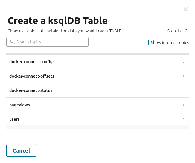 Screenshot of the Create a ksqlDB Table wizard in Confluent Control Center
