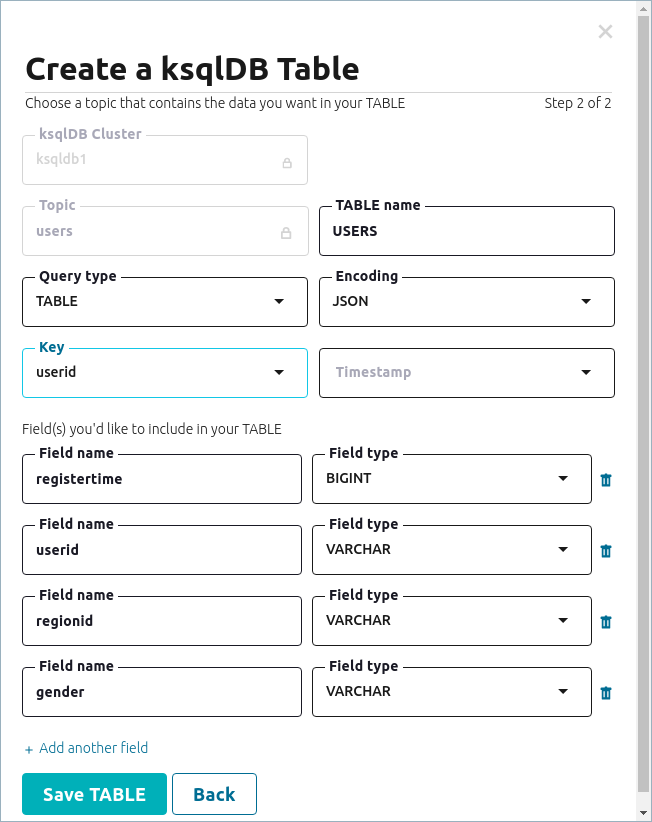 Screenshot of the Create a ksqlDB Table wizard in Confluent Control Center