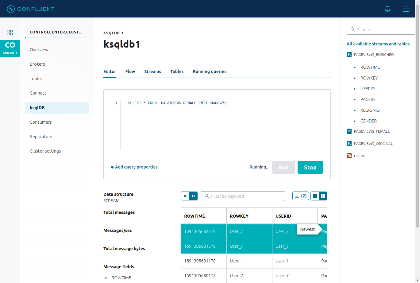 Screenshot showing how to download SQL query results to JSON in Confluent Control Center