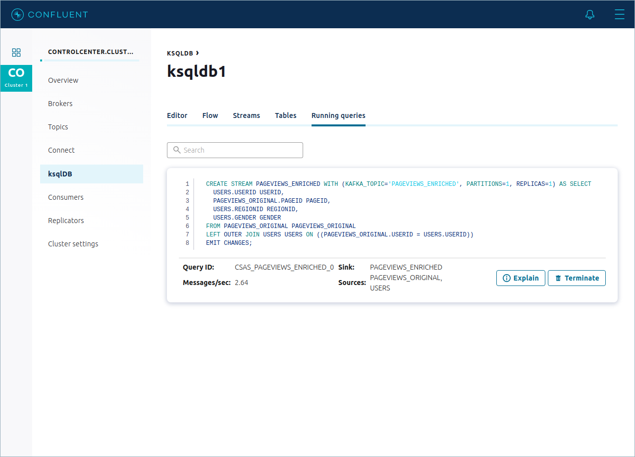 Screenshot of the ksqlDB Running Queries page in Confluent Control Center