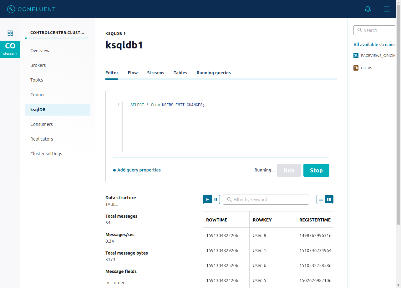 Screenshot of a ksqlDB SELECT query in Confluent Control Center