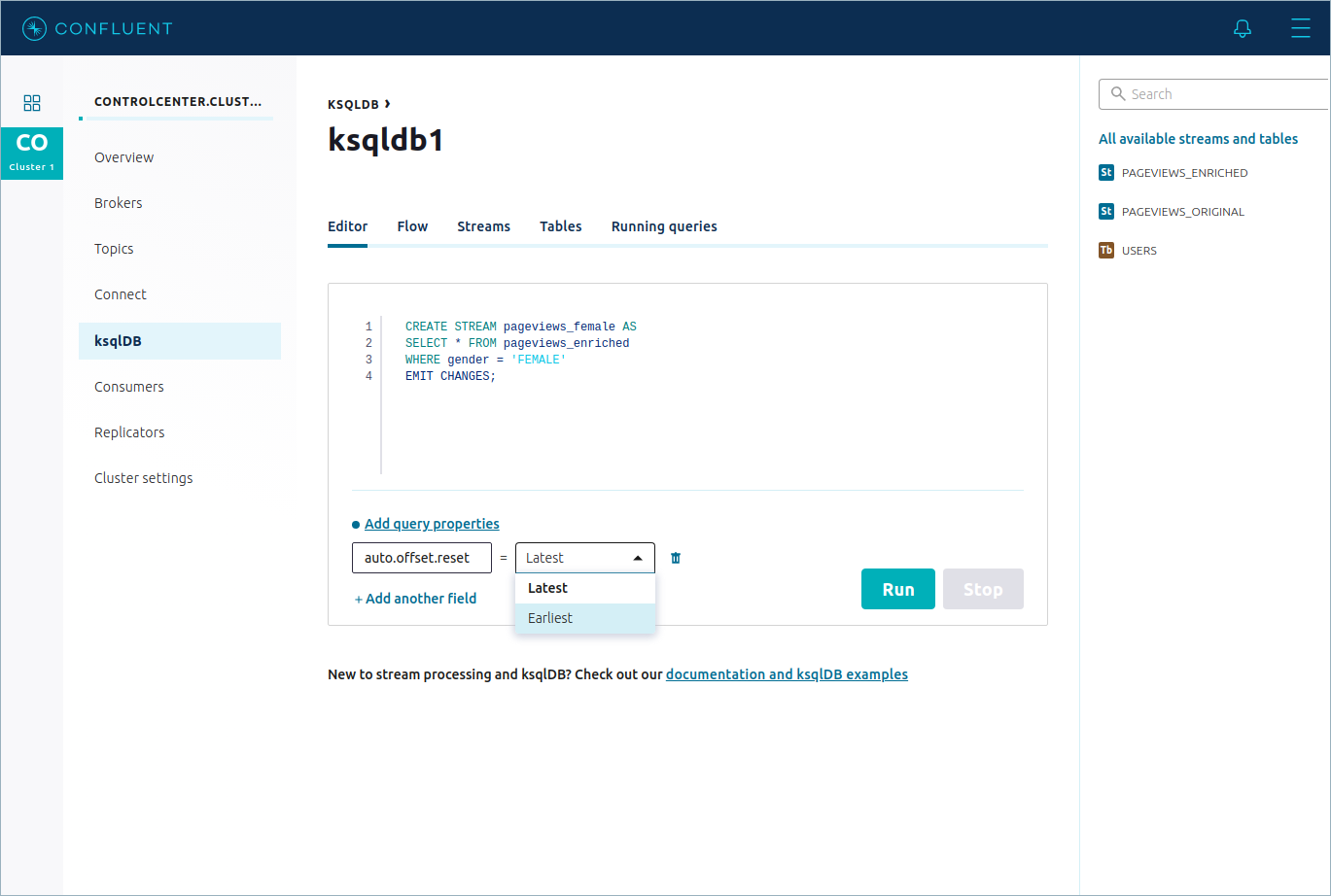 Screenshot showing how to set a query property in the ksqlDB Editor page