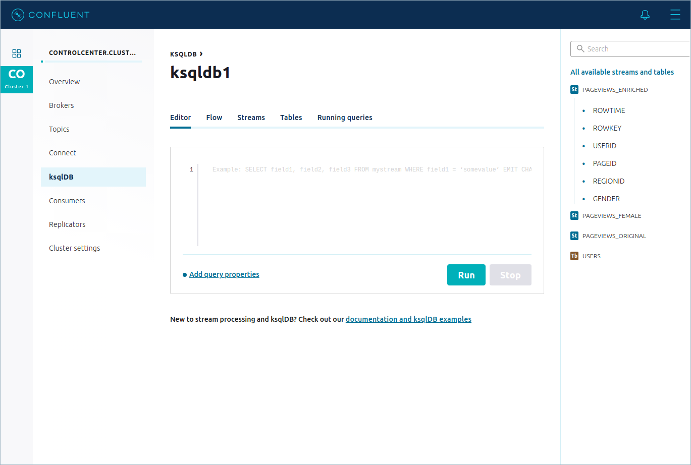 Screenshot of the unified ksqlDB streams and tables pane in Confluent Control Center