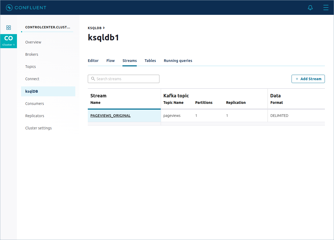 Screenshot of the ksqlDB Streams page in Confluent Control Center