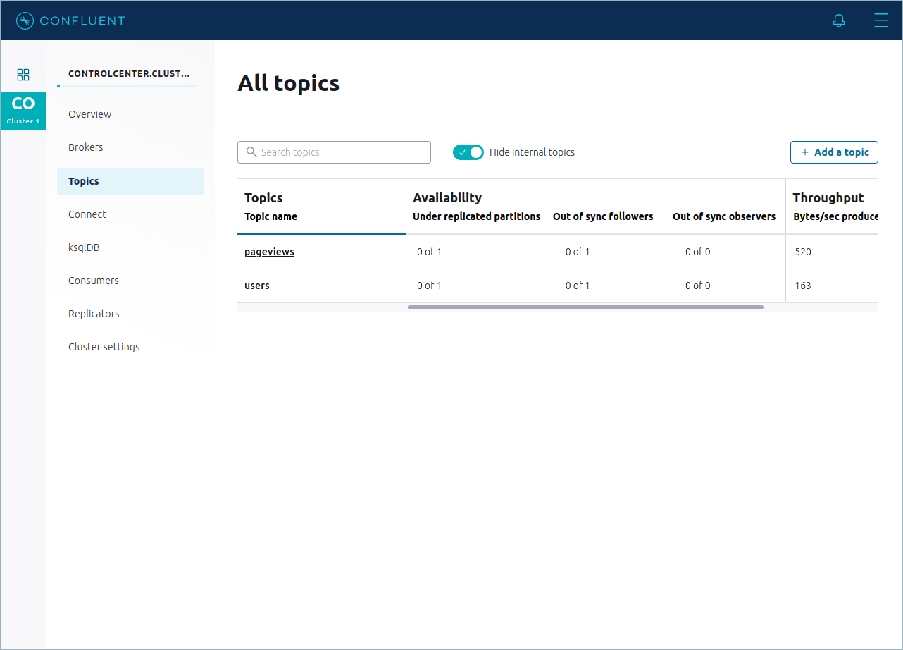 Screenshot of Confluent Control Center showing the Topics page