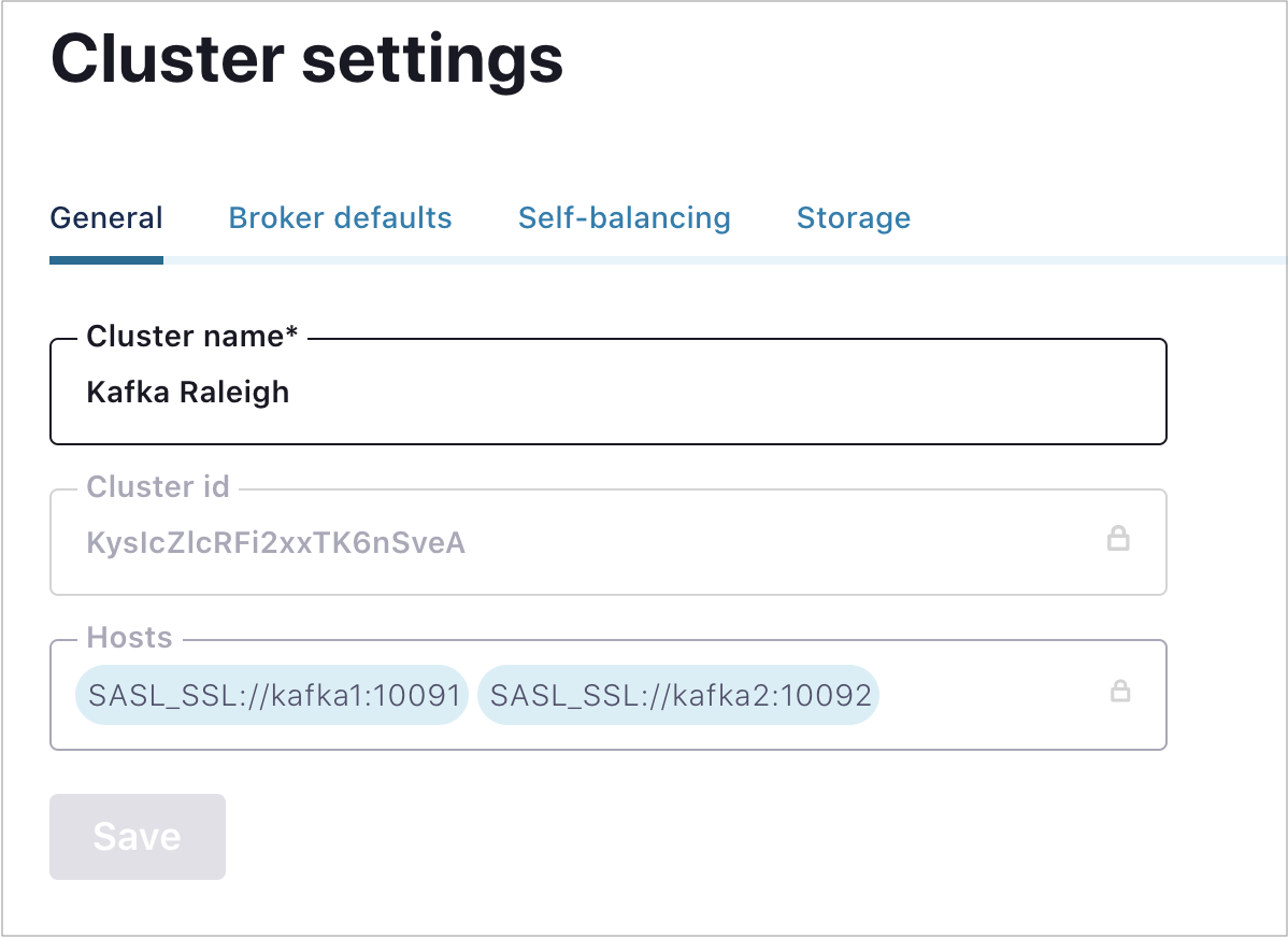Cluster settings Kafka tab