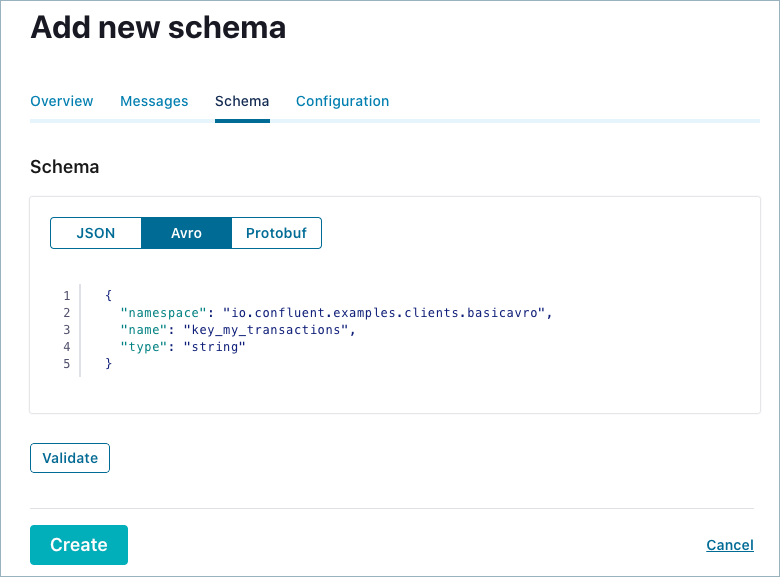 Example of a schema for a message key entered in the schema editor