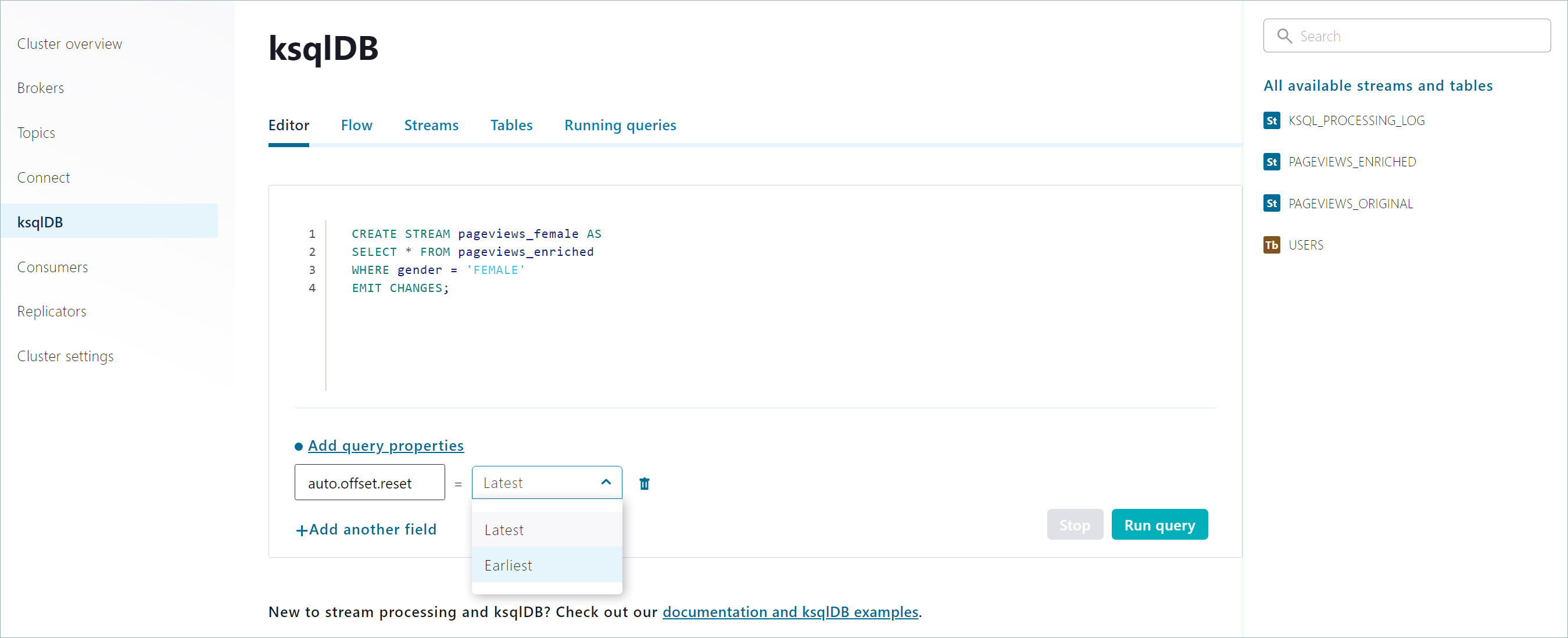 Screenshot showing how to set a query property in the ksqlDB Editor page