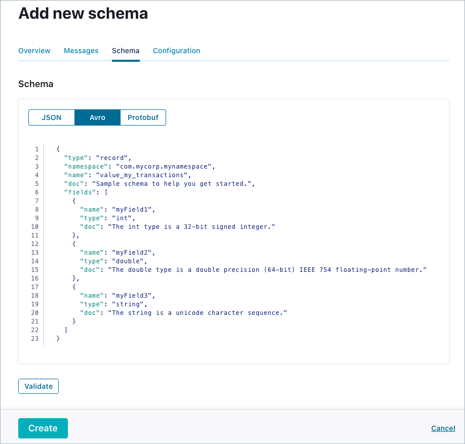 Schema editor where you can define a schema